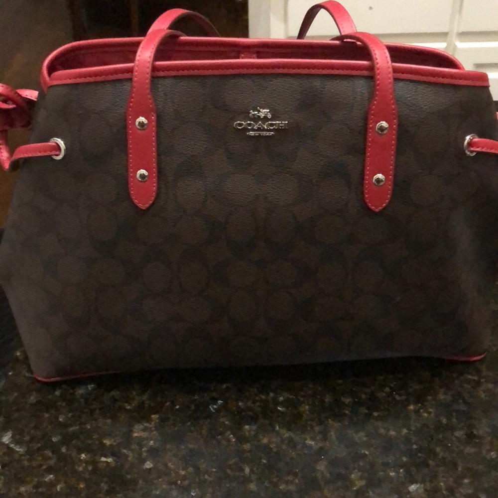 Coach Signature Carry All Dark Brown with Red Trim